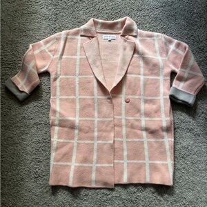 Chic Pink and White Plaid Long Cardigan